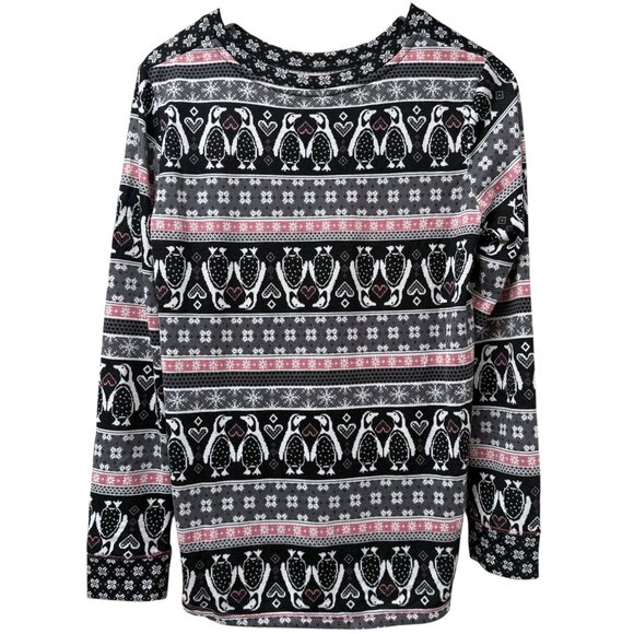 Cuddl Duds Fair Isle Lounge Top Medium Petite Black Penguins Long Sleeve Cozy PJ - Picture 4 of 8
